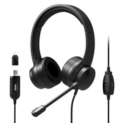 Port Connect USB Headset 1.8m Cable with Mic and Padded/Soft Cushions Black